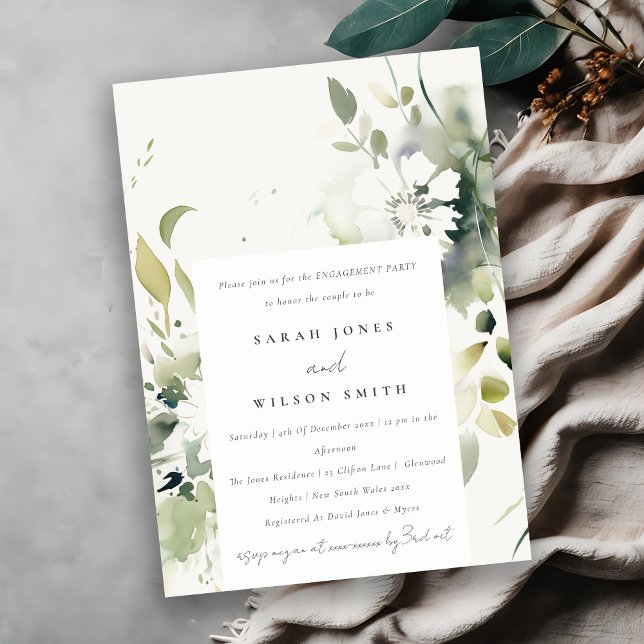 Invitación Boho Resumen Compromiso Verde Floral Blanco (Subido por el creador)