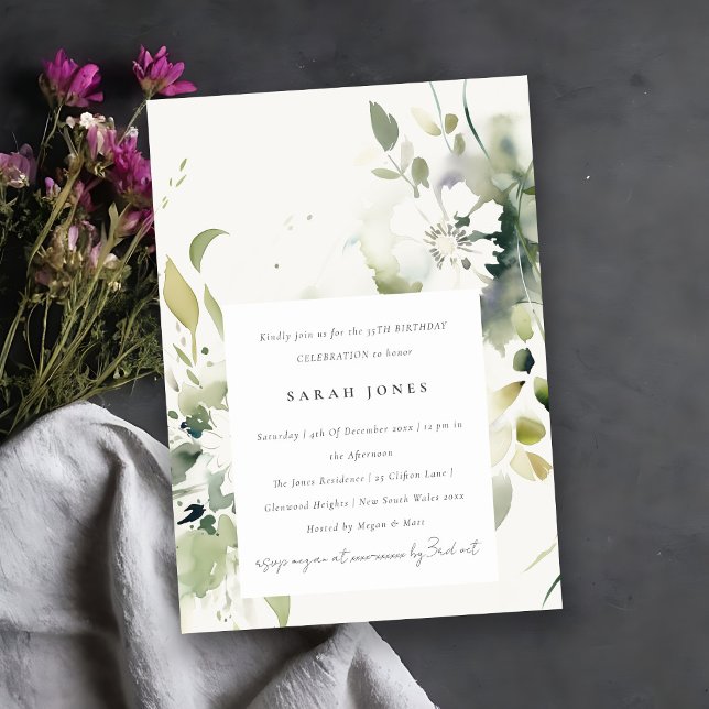 Invitación Boho Resumen Cumpleaños Verde Floral Blanca (Subido por el creador)