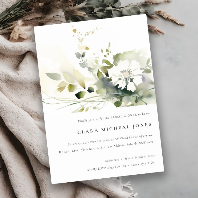Invitación Boho Resumen Ducha de novia floral blanca verde (Subido por el creador)