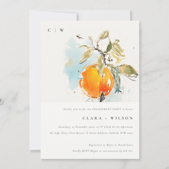 Invitación Boho Resumen Esbozo Naranja Compromiso de Jardín (Anverso)