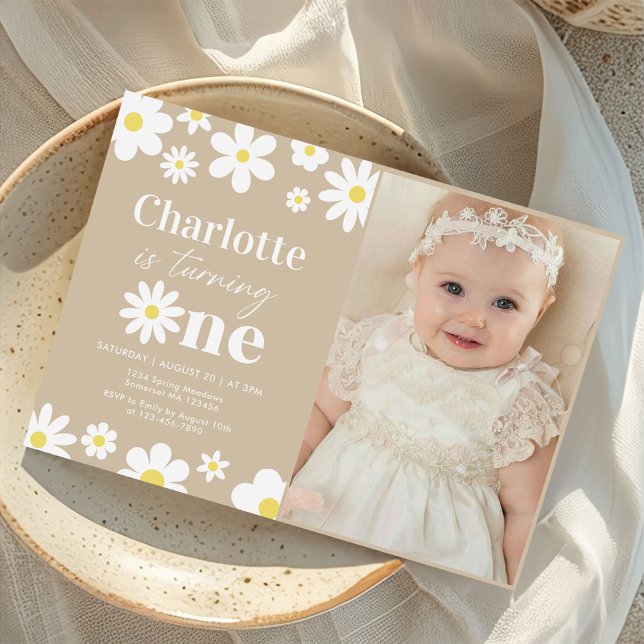 Invitación Boho Retro Daisy Foto de primer cumpleaños (Subido por el creador)