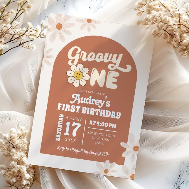 Invitación Boho Retro Daisy Groovy Cumpleaños Primero (Subido por el creador)