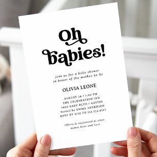 Invitación Boho Retro Negro y Blanco   Baby Shower de gemelos