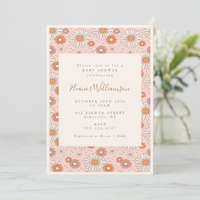 Invitación Boho Retro Pastel Floral Rosa Baby Shower (Anverso de pie)