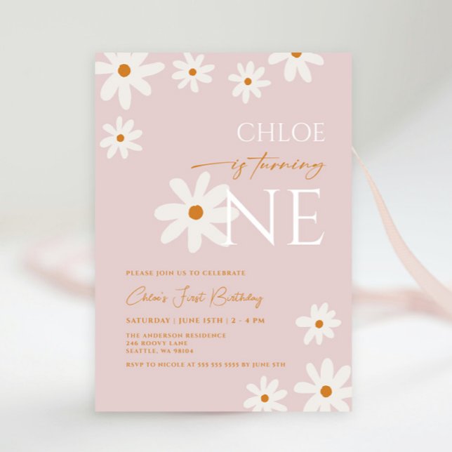 Invitación Boho Retro Rubor Pink Daisy Chica Primer cumpleaño (Subido por el creador)