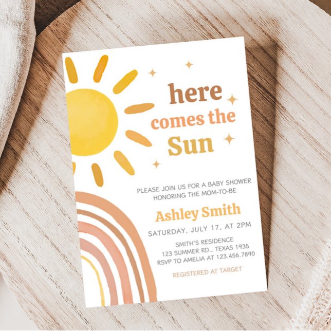 Invitación Boho Retro Sunshine Baby Shower (Here Comes The Sun Baby Shower Invitation)