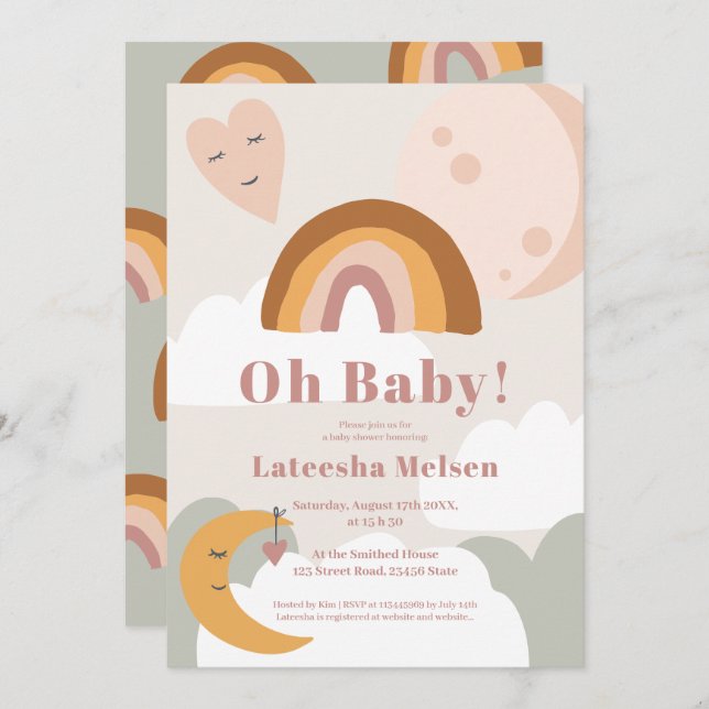 Invitación Boho retro terracota luna arco iris ducha bebé (Anverso / Reverso)