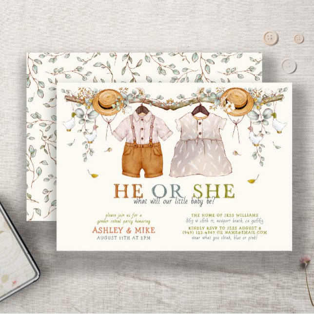 Invitación Boho Revelación de género neutro de ropa (Easily personalize this sweet gender neutral boho gender reveal invitation for the perfect invite)