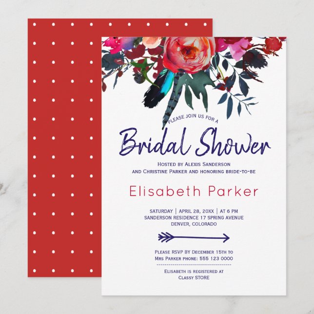 Invitación Boho rojo azul marino floral ducha de novia (Anverso / Reverso)