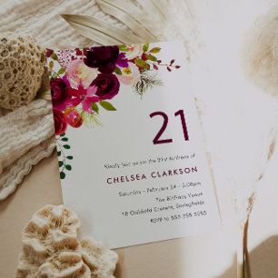 Invitación Boho Rojo Borgoña Flores 21 Fiesta de cumpleaños