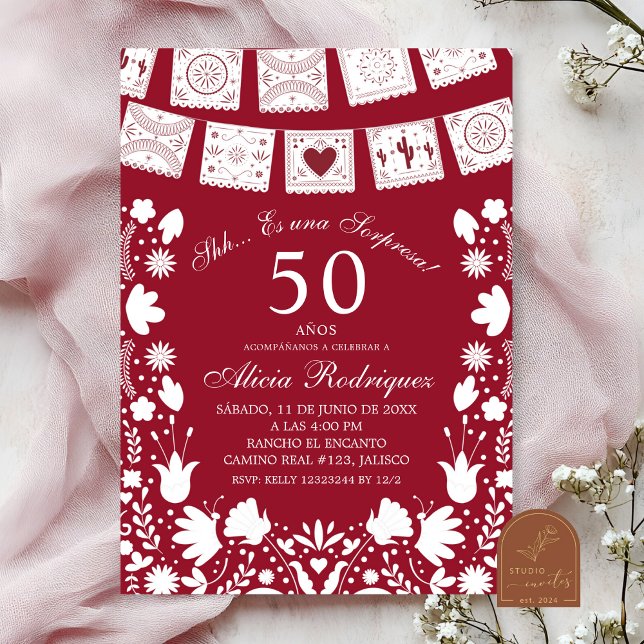 Invitación Boho Rojo Granate Talavera Mexicana Sorpresa Cumpl (Subido por el creador)