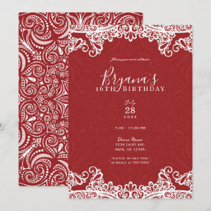 Invitación Boho Rojo y Blanco Encaje Patrón Audaz Fiesta Dulc