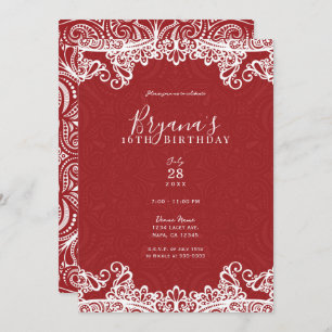 Invitación Boho Rojo y Blanco Lace Negrita Patrón Dulce 16 Fi