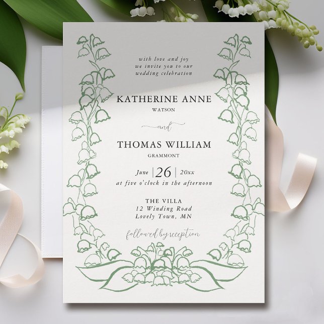 Invitación Boho Romantic Sketch Green Lily Valley Boda (lily of the valley wedding invitation formal non traditional elegant green floral sketch fine art)