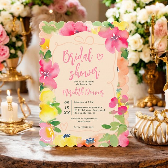 Invitación Boho romántico negrita rosa florido ducha de novia (Romantic boho bold pink floral bow bridal shower invitation)