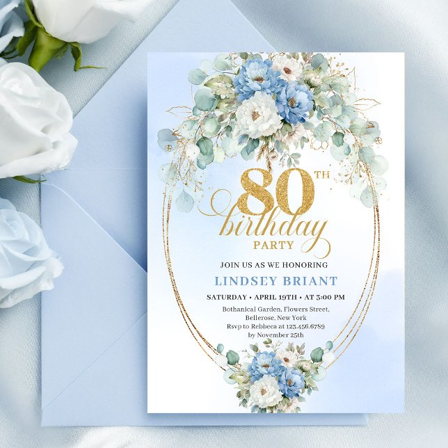 Invitación Boho romántico peonías azules oro cumpleaños 80 (Romantic Boho Blue Peonies Gold 80th Birthday Invitation)
