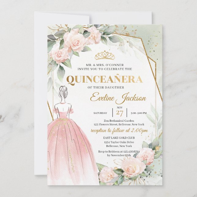 Invitación Boho Ropa rosa vestido flores rubor Quinceanera (Anverso)