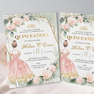 Invitación Boho Ropa rosa vestido flores rubor Quinceanera
