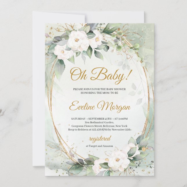 Invitación Boho rosa blanco verde follaje dorado oval Bebé (Anverso)