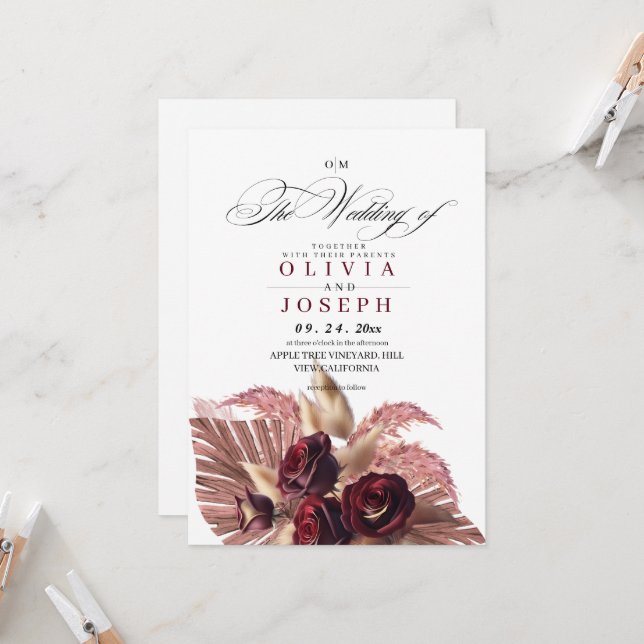 Invitación Boho Rosa Boda Rústico Floral (Anverso/Reverso In Situ)