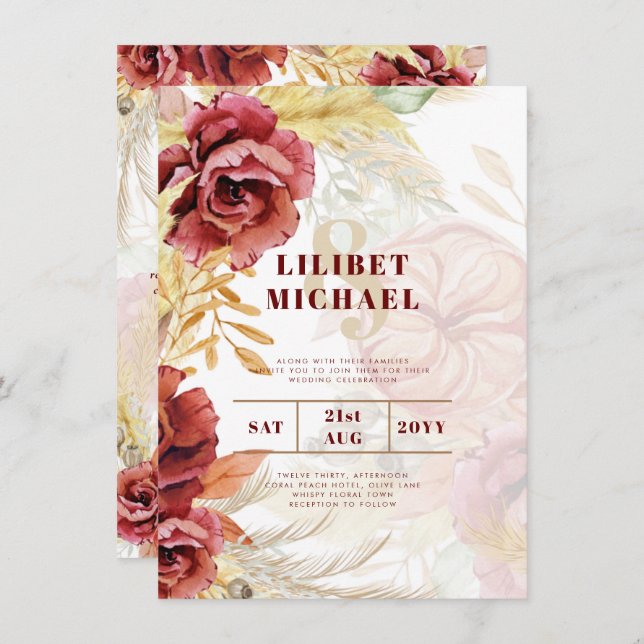 Invitación BOHO Rosa Borgoña Boda de Grass Pampas (Anverso / Reverso)