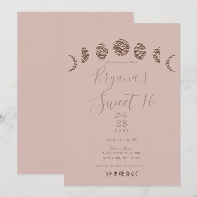 Invitación Boho Rosa Brillo Fases Lunares Fiesta Moderna Dulc (Anverso / Reverso)