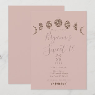 Invitación Boho Rosa Brillo Fases Lunares Fiesta Moderna Dulc