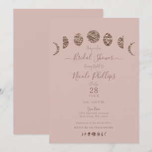 Invitación Boho Rosa Brillo Fases Lunares Moderno Baby Shower