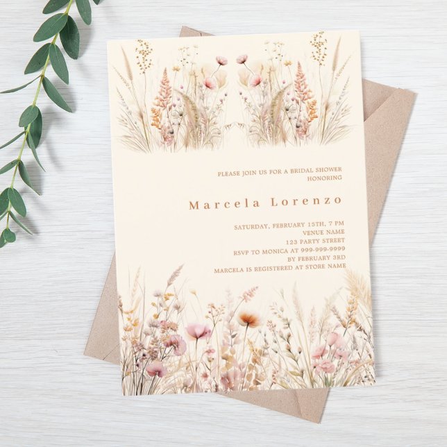 Invitación Boho rosa de melocotón crema de flores silvestres  (Subido por el creador)