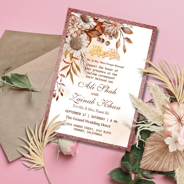 Invitación Boho Rosa Floral de oro Walima Boda islámico (Subido por el creador)