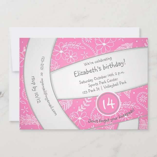 Invitación boho rosa florido doodle voleibol cumpleaños (Anverso)