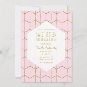 Invitación Boho Rosa Hexágono Dorado Geométrico Glam Dulces 1