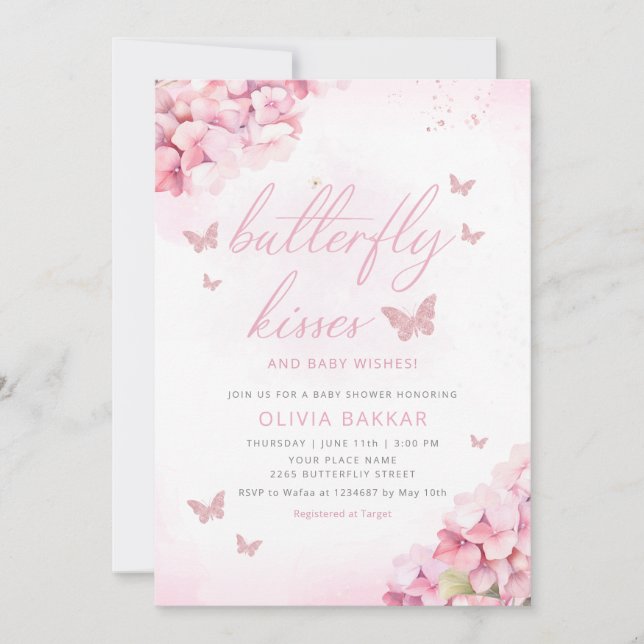 Invitación Boho rosa mariposa floral besa Chica Baby Shower (Anverso)