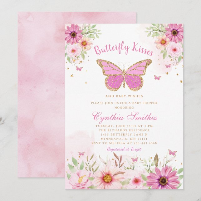 Invitación Boho rosa mariposa floral besa Chica Baby Shower (Anverso / Reverso)