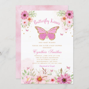 Invitación Boho rosa mariposa floral besa Chica Baby Shower