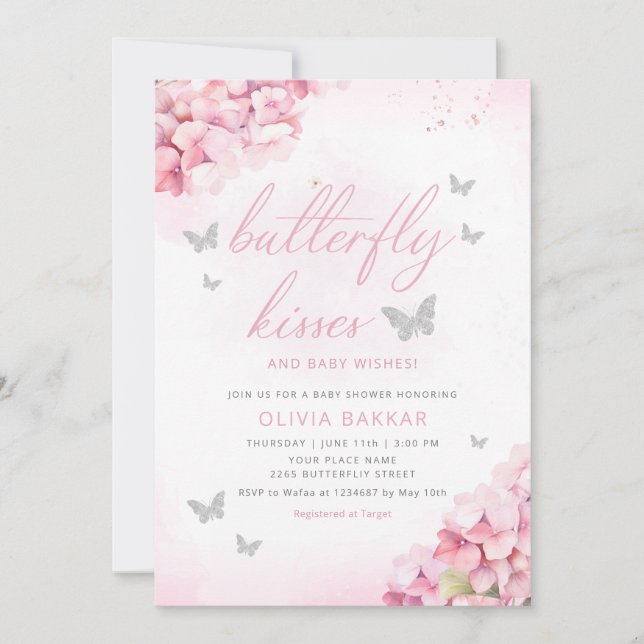 Invitación Boho rosa mariposa floral besa Chica Baby Shower (Anverso)