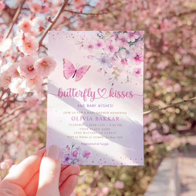 Invitación Boho rosa mariposa floral besa Chica Baby Shower (Subido por el creador)