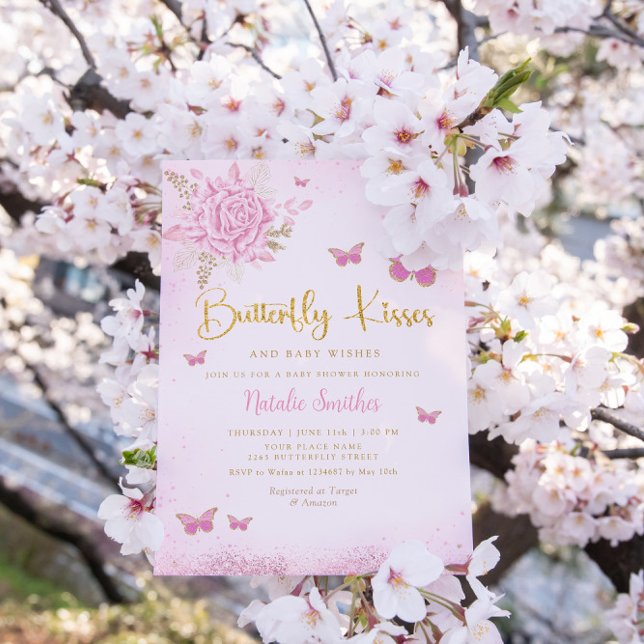 Invitación Boho rosa mariposa floral besa Chica Baby Shower (Subido por el creador)