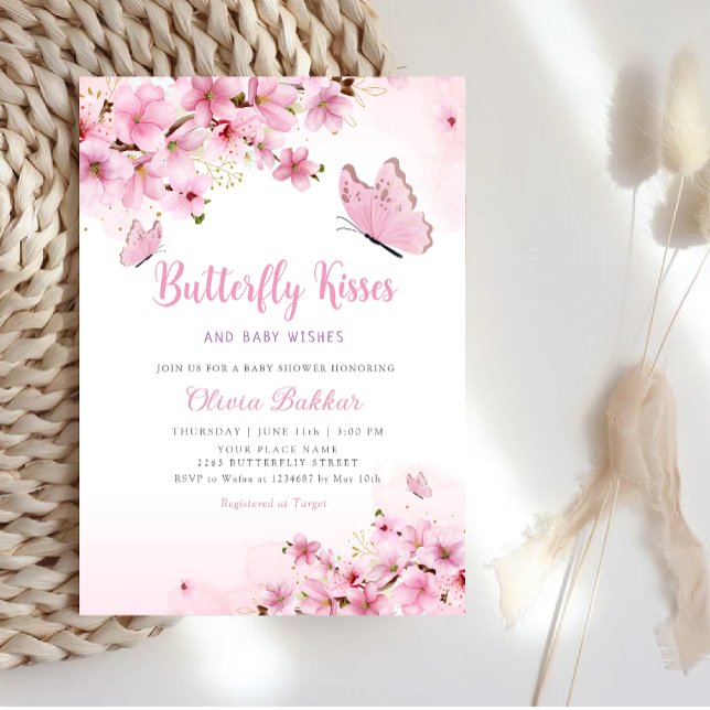 Invitación Boho rosa mariposa floral besa Chica Baby Shower (Subido por el creador)