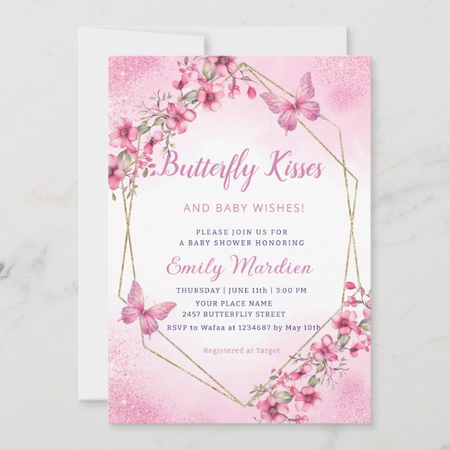 Invitación Boho rosa mariposa floral besa Chica Baby Shower (Anverso)