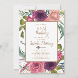 Invitación Boho rosa morado Feather Floral Gold 50 cumpleaños