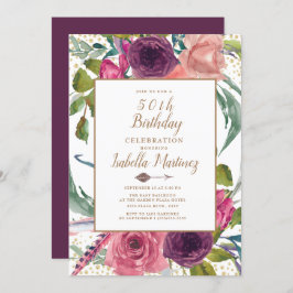 Invitación Boho rosa morado Feather Floral Gold 50 cumpleaños