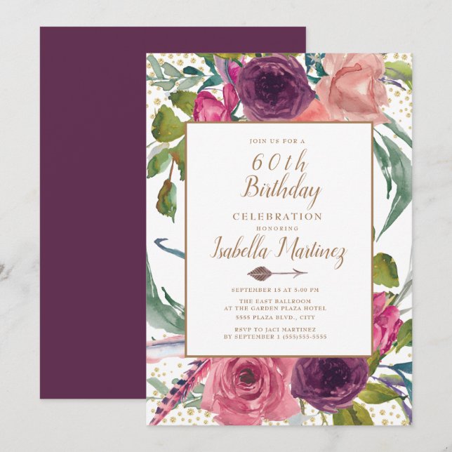 Invitación Boho rosa morado Feather Floral Gold 60 cumpleaños (Anverso / Reverso)