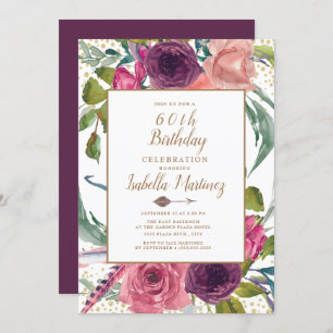 Invitación Boho rosa morado Feather Floral Gold 60 cumpleaños
