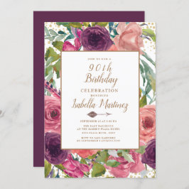 Invitación Boho rosa morado Feather Floral Gold 90 cumpleaños