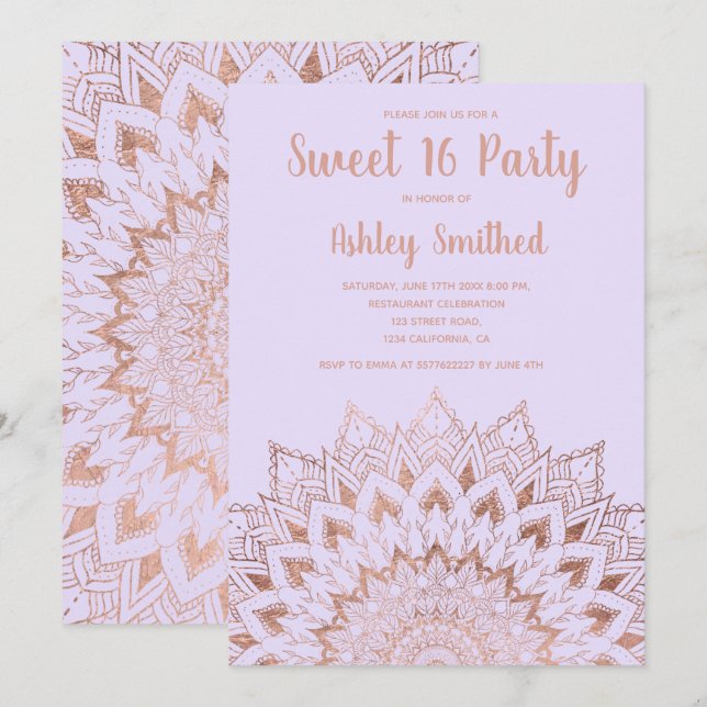 Invitación Boho rosa oro floral mandala lavanda Sweet 16 (Anverso / Reverso)