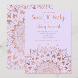 Invitación Boho rosa oro floral mandala lavanda Sweet 16
