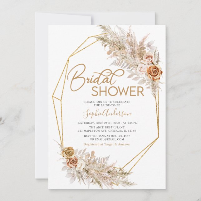 Invitación Boho Rosa Pampas Grass Bohemian Bridal Shower (Anverso)