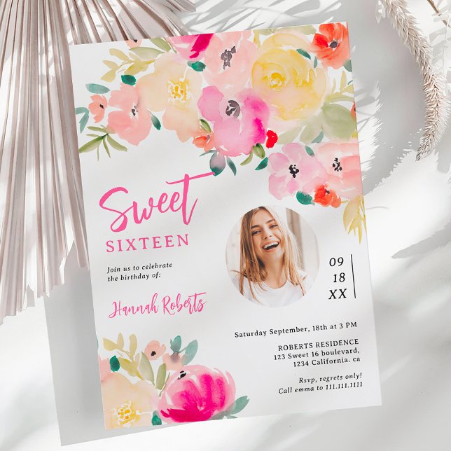 Invitación Boho rosa primavera moda jardín floral foto dulce  (Spring pink boho chic garden floral photo sweet 16 invitation)