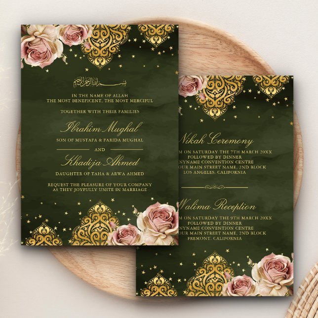 Invitación Boho rosa Rosa Motif islámico Boda musulmán verde (Subido por el creador)